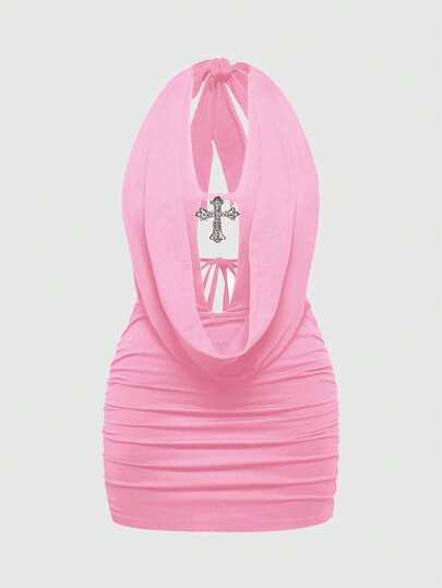 Grunge Punk Sexy Millennium Pendant Cross Halter Tie Neck Plus Size Dress