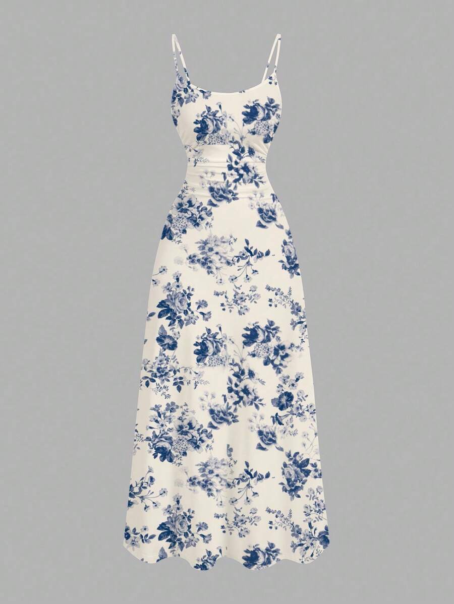 SHEIN MOD Vestido largo con escote en V de gasa con pliegues en la cintura, estampado floral azul y blanco, de estilo casual y sencillo - Multicolor - Ver 1