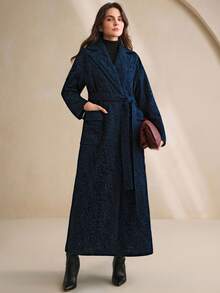 Anewsta Women's High-End Turndown Collar Pocket Lace Fabric Long Coat, Autumn/Winter