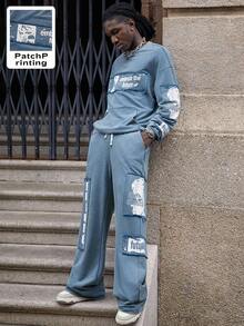 Manfinity EMRG 2pcs/Set Men's Blue White Stripe,Autumn,Streetwear,City Break,Back-To-School Hip Hop Sweatshirt&Sweatpants,Loose Fit Wide Leg Pants,Distressed Print - Blue - View 7