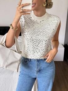 SHEIN Frenchy Pull sans manches en maille ajusté décoré de sequins, col rond. Convient pour le port en automne, pull d'hiver. Pull sans manches avec design en crochet de sequins. Texture de tissu de pull d'épaisseur modérée et chaude. Simple, mode casual pour tous les jours, les déplacements, les hauts preppy, l'automne, les sorties