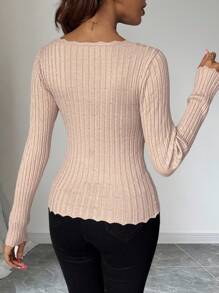 SHEIN PETITE Maglione a collo quadrato aderente con orlo ondulato, stile casual business, adatto per donna di taglia petite, autunno/inverno - Albicocca - Visualizzare 2