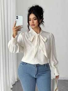 Elenzga Plus Size Solid Floral Bow Elegant Regular Fit Women Shirt, Autumn/Winter Fall Cloth For Women