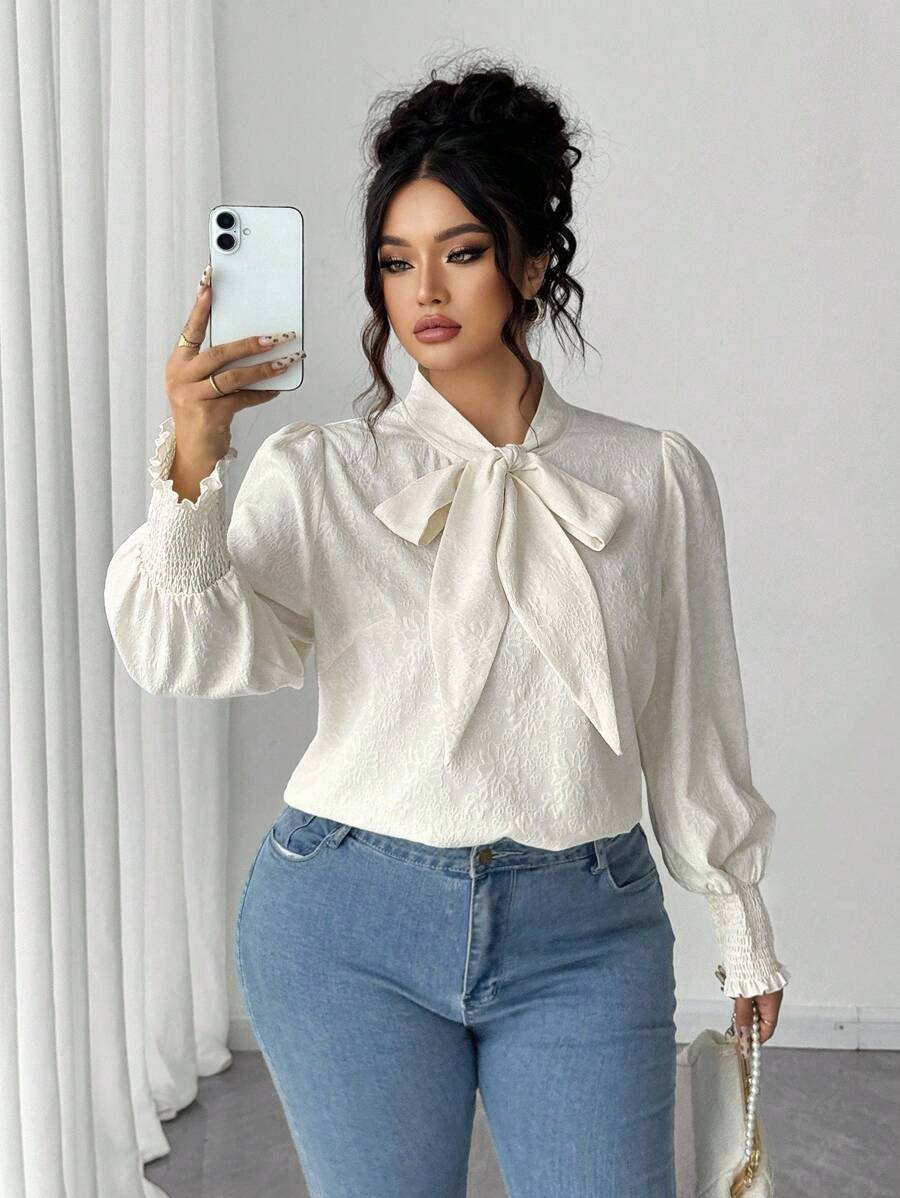 Elenzga Plus Size Solid Floral Bow Elegant Regular Fit Women Shirt, Autumn/Winter Fall Cloth For Women