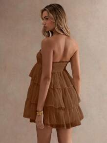 Glamine Women's Summer Solid Color Strapless Starfish Decor Cake Mini Dress - Brown - View 2