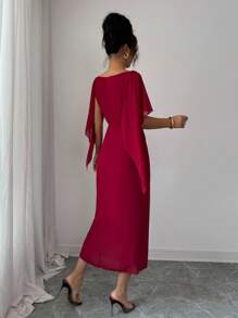 Modelyn Women Cowl Neck Cape Slim Fit Midi Dress - Red - View 2