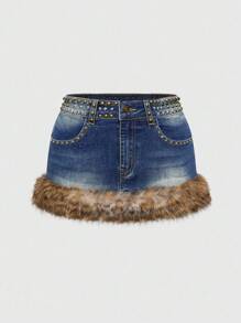 ROMWE Avant Gal Style Distressed Vintage Washed Leopard Print Pocket Rhinestone Studded Low Waist Leopard Fuzzy Low Waist Plus Size Denim Mini Skirt - Blue - View 2