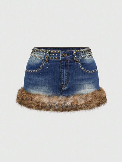 ROMWE Avant Gal Style Distressed Vintage Washed Leopard Print Pocket Rhinestone Studded Low Waist Leopard Fuzzy Low Waist Plus Size Denim Mini Skirt