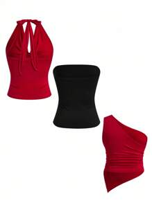 Sweetra Camiseta de tirantes finos y cuello profundo drapeado asimétrico negro, talla grande y sexy - Multicolor - Ver 2