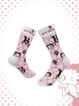 Betty Boop | ROMWE 1 par de calcetines tipo crew para mujer con diseño de letras románticas y patrón de dibujos animados