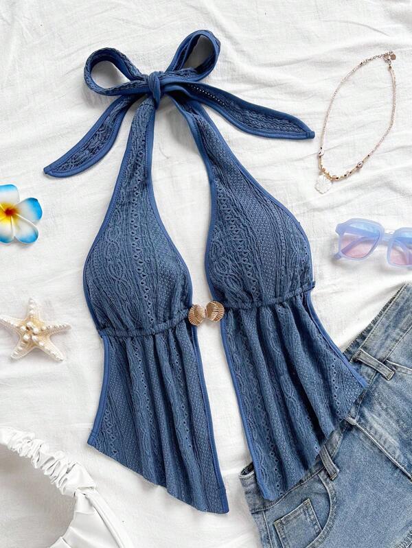 Soleia Canotta da donna in tessuto texturizzato rosso, con scollo a V, decorazione metallica, laccio alla nuca, volant sull'orlo e schiena scoperta, adatta per spiaggia, vacanza, appuntamento, tè pomeridiano, vacanza, festival musicale, stile bohémien