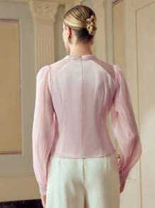 ZEYLAH 女式纯色优雅 3D 花卉荷叶边长袖衬衫 - 粉色 - 查看 3