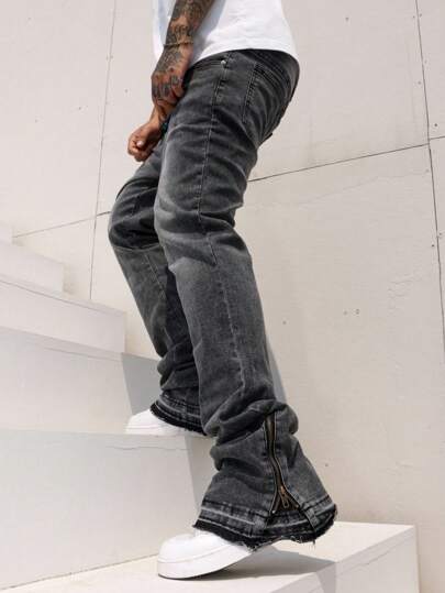 Manfinity EMRG Jeans di jeans con zip alla moda da uomo, grigio: vestibilità lunga casual moderna con zip alla caviglia consumate per un look da uscita, relax, vacanza, strada, urbano, stile emo