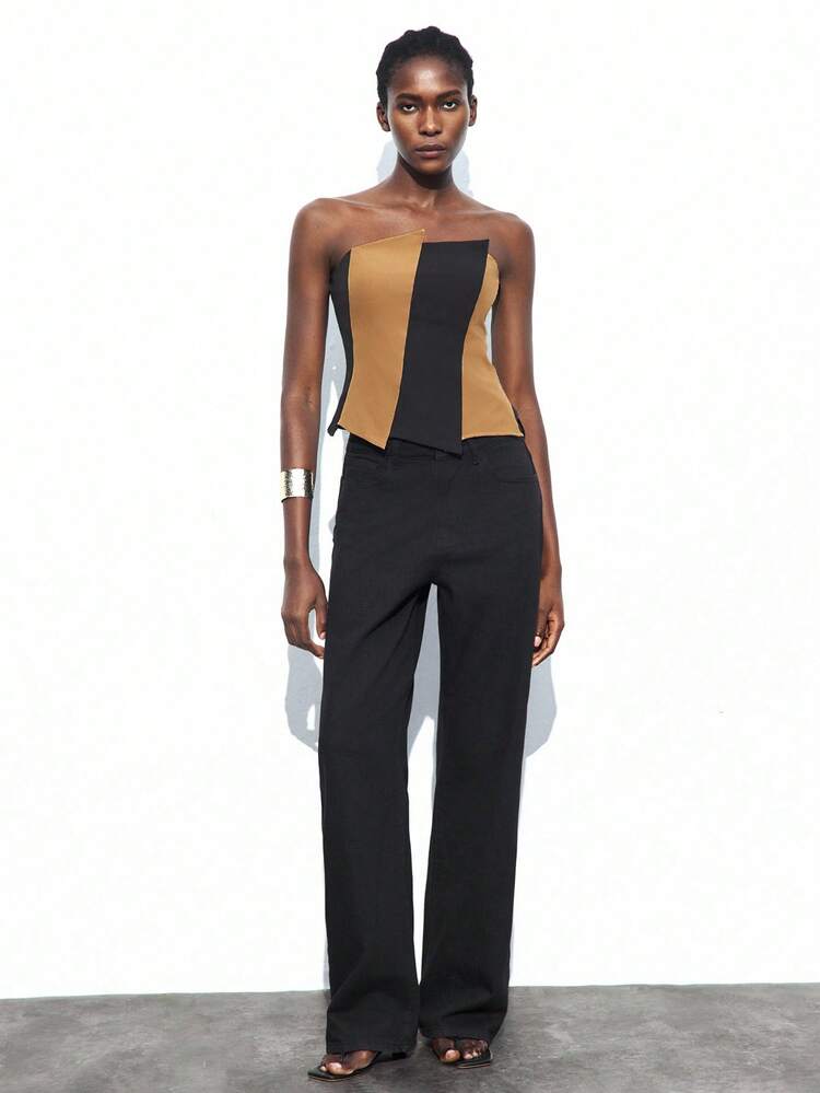 SHEIN Maija Regata Assimétrica Bicolor Feminina, Casual Urbano para Escritório, Traje de Negócios, Outono/Inverno