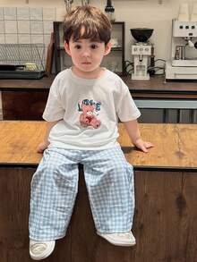 Hapijoa 2 件套幼儿男童卡通印花休闲圆领 T 恤和格子裤家居服套装 - 白色 - 查看 1