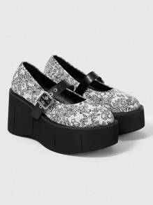 ROMWE Grunge Punk Pantofi sport fără platformă pentru femei, stil gotic punk, cu vârf rotund, cu imprimeu floral aleatoriu din pânză, curea metalică reglabilă, pantofi comozi pentru activități casual, pentru exterior, Halloween - alb - Vizualizare 4