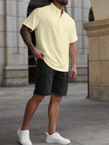 Manfinity Homme Plus Size Men's Solid Color Short Sleeve Button-Up Casual Loose Shirt - Apricot - View 6