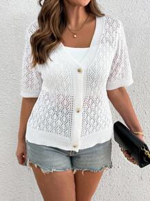 SHEIN Tall CURVE Women's Button Front Short Sleeve Knitted Cardigan, Plus Size Open Knit Cardigan For Autumn Winter Fall