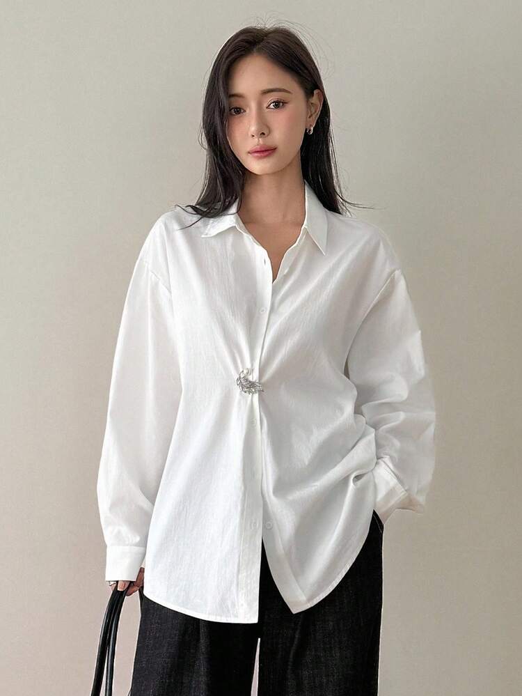 Loose Business Casual Office Work Wear Women Long Sleeve Shirt With Metal Rhinestone Decor, Autumn/Winter
