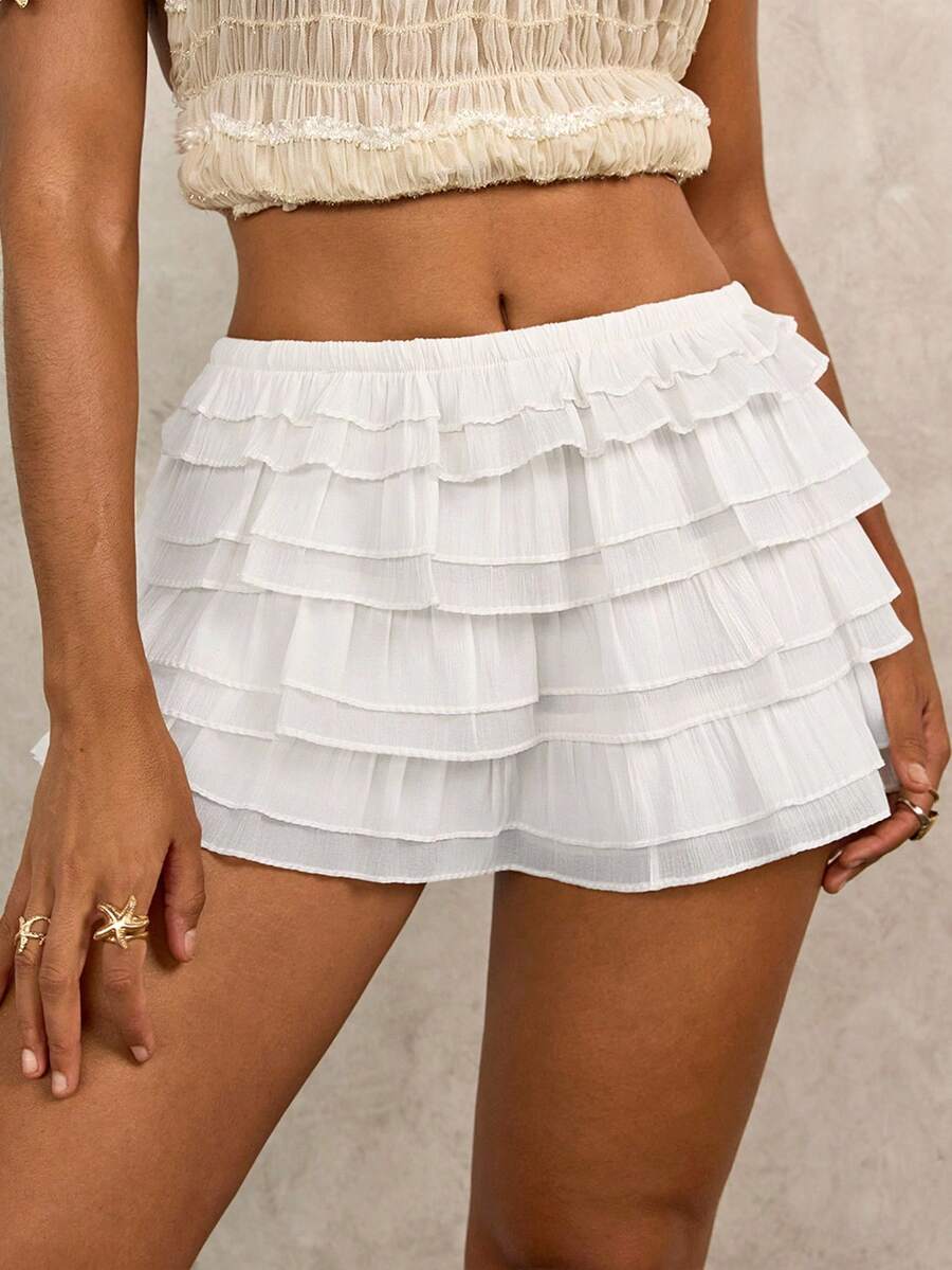 SHEIN Swim Women's Casual Solid Color Ruffle Hem Cover Up & Shorts Set - White - View 1