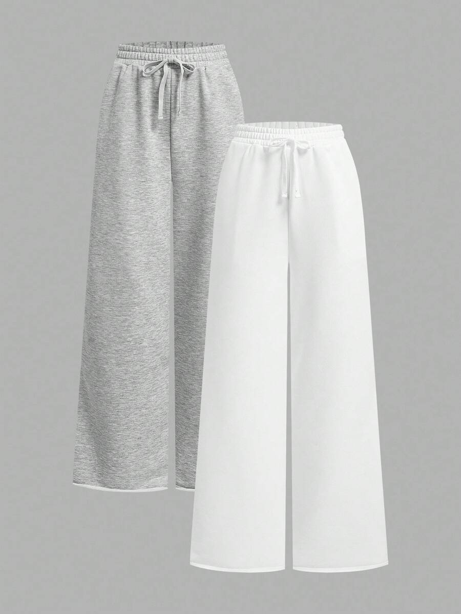 SHEIN EZwear 2 件女式休闲纯色阔腿运动裤，白色 + 浅花灰色 - 灰色 - 查看 1