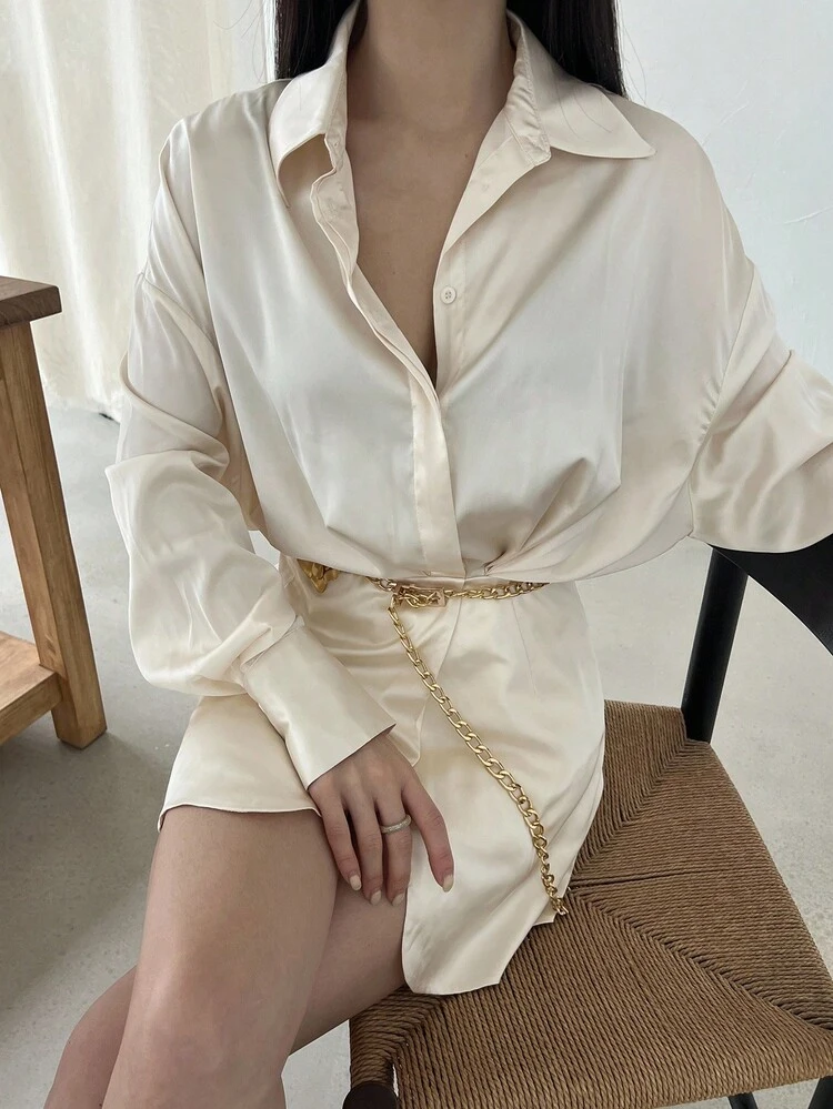 Women's Satin Waist Cinched Short Shirt Dress