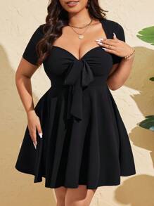 SHEIN CURVE+ 大码女式性感前系带短袖紧身迷你连衣裙，夏季 - 黑色 - 查看 5