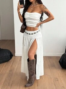 Coolane 女士夏季音乐会狂欢节外出文艺复兴博览会蕾丝侧开衩裙，适合度假西部风服装 Y2K 纹理面料 - 白色 - 查看 3