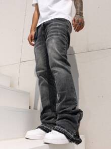 Manfinity EMRG Stylish Men's Grey Zippered Denim Jeans: Modern Casual Long Fit With Distressed Ankle Zips For A Look Going Out Hang Out Vacation Street Urban, Emo Style - Grey - View 8