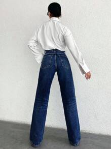 SHEIN Tall Jeans rectos de algodón 100% con cremallera, para personas de estatura alta - Azul lavado oscuro - Ver 2
