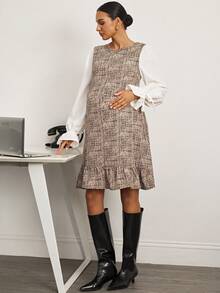 MaterniWear Office,Business Casual Woman,Fall Clothes,Autumn Clothes,Maternity Autumn Clothes Maternity Maternity Casual Ruffle Hem Puff Sleeve Dress - Khaki - View 3