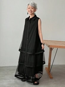 FRIFUL 女士纯黑色衬衫领无袖网纱拼接层叠连衣裙长裙 - 黑色 - 查看 3