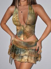 SHEIN ICON Halter Neck Printed Tank Top And Low Waist Mini Skirt Set - Multicolor - View 6