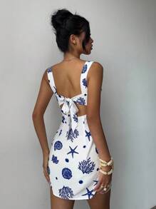 Aloruh Women's Summer Elegant Daily Fashion Simple Casual Commuting Music Festival Concert Y2K Ocean Element Print Cute Dress Island Beach Vacation White Blue Print Dress Young Girl Short Dress Allover Print Mini Casual Dress, Vacation Style