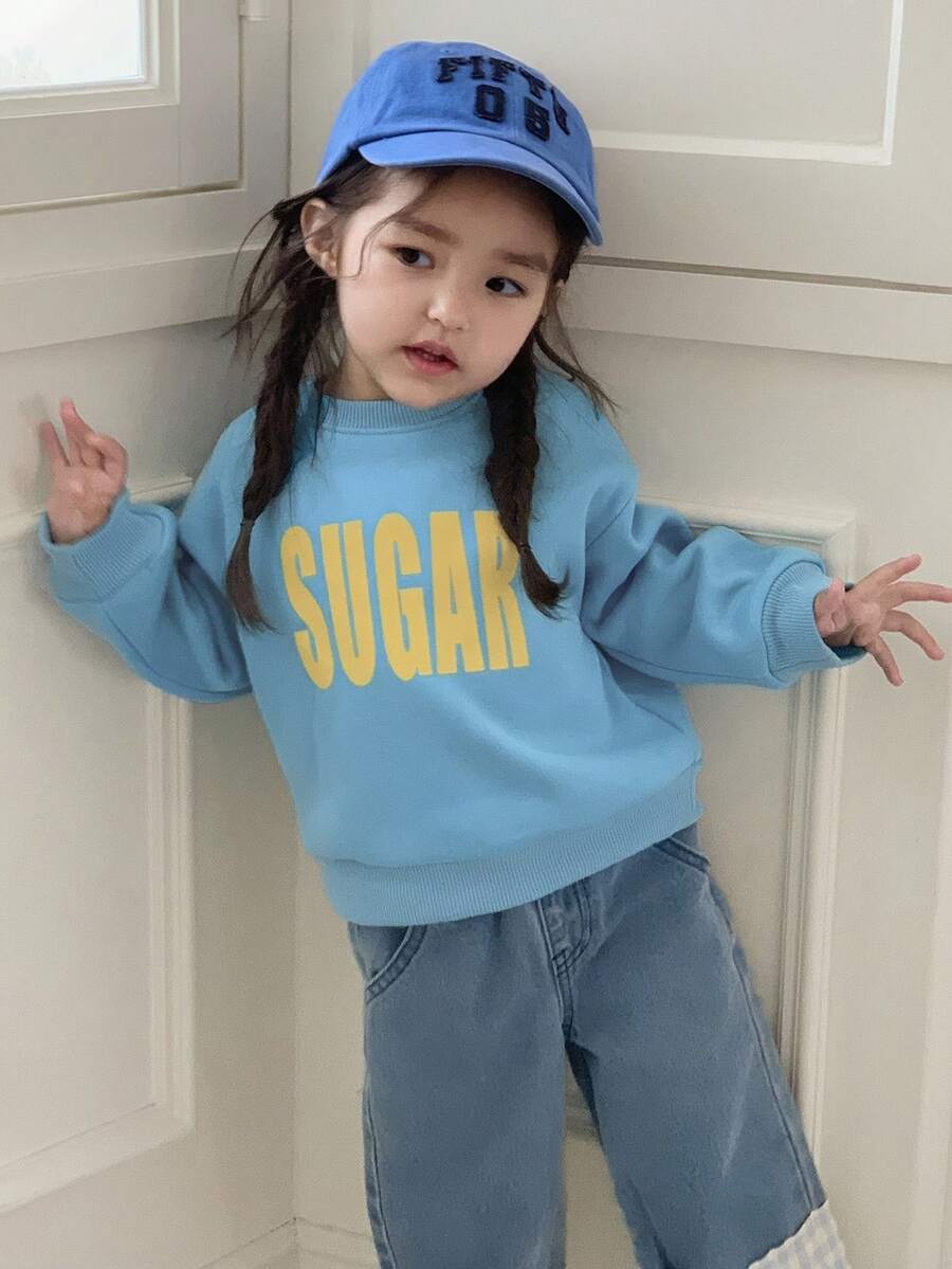 DAZY Baby Girls' Loose Fit Round Neck Korean Style Artistic Letter Print Long Sleeve Sweatshirt, Spring/Autumn - Blue - View 1