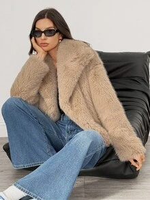 SHEIN Tall 女款高端毛絨人造毛皮夾克，卡其色冬季保暖短版外套，優雅休閒毛茸茸上衣，適合各種場合，秋季時尚短版夾克，適合高個子女性 - 摩卡棕 - 查看 7