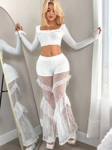 Sweetina White Contrast Lace Ruffle Hem Flare Pants