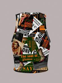 Slaydiva Casual Poster Girl Letter Pattern Round Neck Tight Fit Women Tank Top, Suitable For Summer Chic - Multicolor - View 5