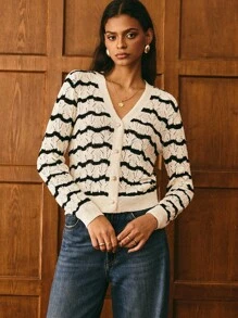Poéselle New Hollow Out Knitted Casual Loose Elegant Versatile Cardigan For Women, Spring/Summer In Fall/Winter - Black and White - View 6