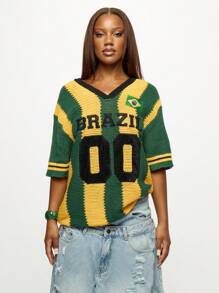SUMWON WOMEN Brazil National Team Varsity Style Crochet Knit V-Neck Jersey Football Fan Supporter Half Sleeve Number 00 Flag Embroidered Top Autumn Winter Oversized - Multicolor - View 1