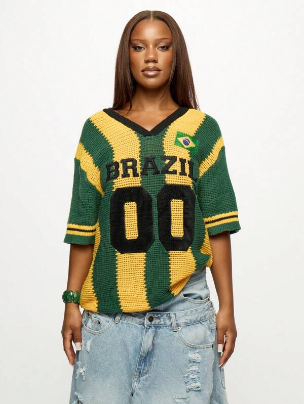 SUMWON WOMEN Brazil National Team Varsity Style Crochet Knit V-Neck Jersey Football Fan Supporter Half Sleeve Number 00 Flag Embroidered Top Autumn Winter Oversized