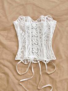 Soleia European And American Young Vacation Sexy Avant-Garde Off-The-Shoulder Lace Double-Layer Fitted Corset Bustier Top, INS White Hollow Embroidered Shapewear, Ate Night Outfits Women Tops For Going Out, Wedding Guest Dress Women Fall Women Clothes,Sexy Top - White - View 2
