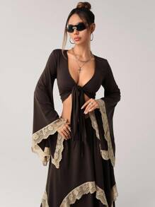 SHEIN ICON 2 件秋季西部波西米亚风棕色喇叭袖女式撞色长袖短款上衣和迷你裙套装 - 棕色 - 查看 6