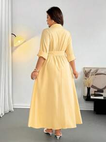 Firerie 大码女士优雅休闲衬衫裙，卷袖，交叉领结，V 领，适合任何场合，长款，春夏 - 黃色 - 查看 2