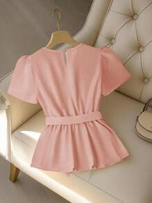 Franclia Women's Elegant Beaded Design Round Neck Waist Fitted Short Sleeve Blouse, Summer Clothes For University - Pink - View 2