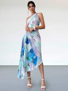 Firerie 女装新款春夏度假浪漫优雅约会不对称扎染印花收腰镂空褶皱单肩连衣裙，女装夏装，女装柔和色调连衣裙，海边装，海边度假连衣裙，不对称下摆连衣裙，波西米亚风服装女 - 彩色 - 查看 5