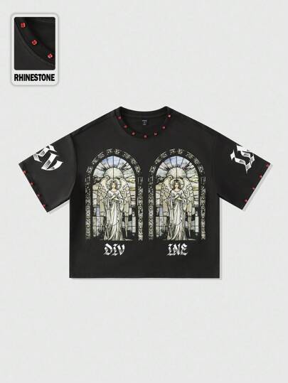 Street Life T-shirt ample à manches courtes pour hommes avec imprimé ange et ornements de strass