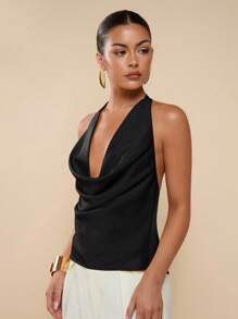 COSMINA Women's Solid Color Plunging Neckline Backless Fashionable Sexy Draped Neck Camisole,Sexy Top