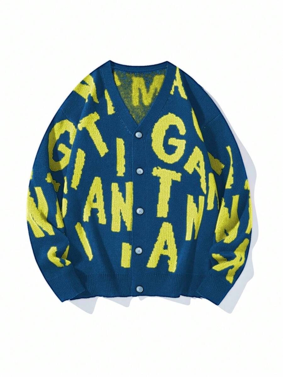 Chillumni Áo khoác cardigan dệt kim dáng rộng, tay dài, cài khuy đơn giản, họa tiết chữ Y2K dành cho nam, thu đông - Nhiều màu - Xem 1