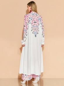 Amorya Women's Long Shacket, White & Pink Textured Fabric, Long Sleeve, Wide Leg Pants, Loose & Elegant Daily Wear, Spring/Summer, Autumn 2-Piece Set Teacher Outfits For Women